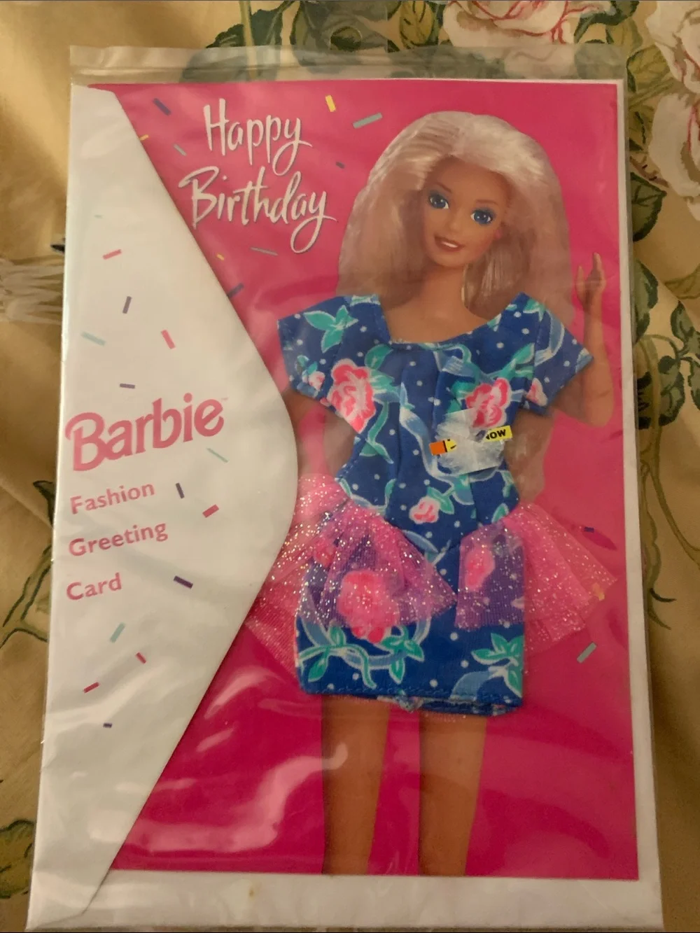 Vintage 1994 Barbie Pink Birthday Card with Doll Illustration in Blue Dress